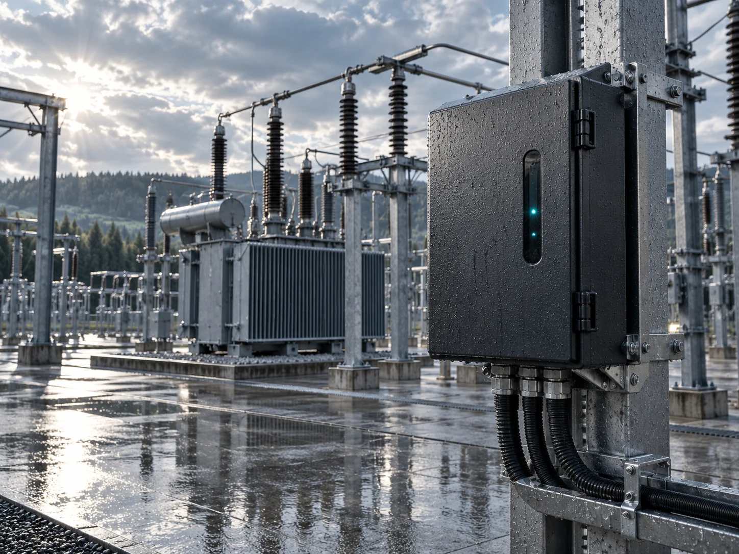 Monitoring enclosure in a rain-wet electrical substation