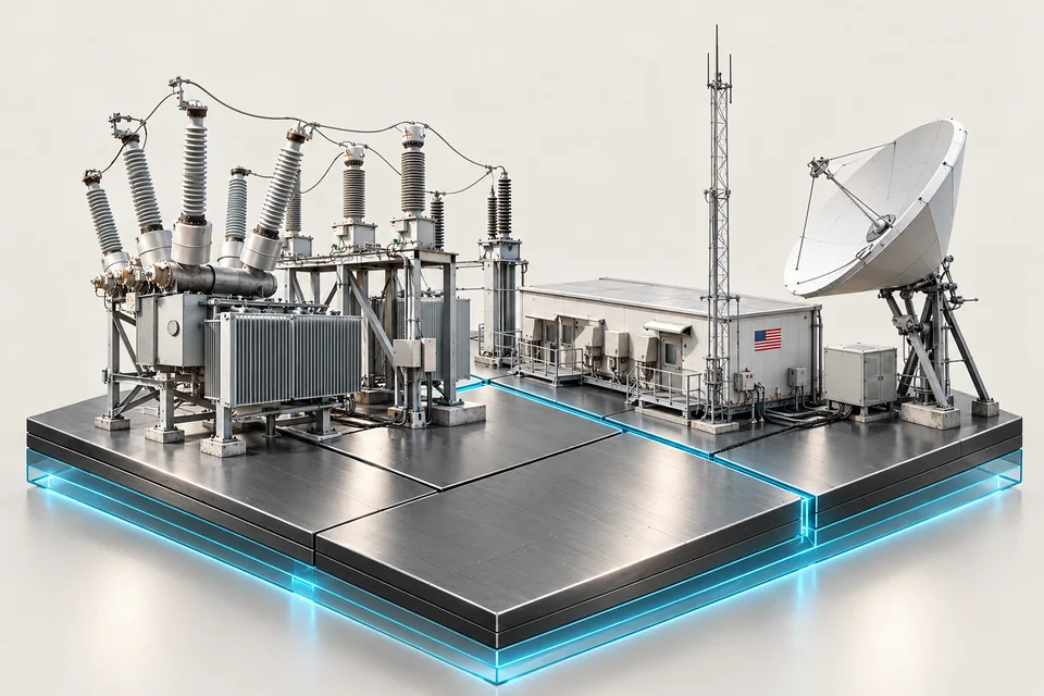 U.S. power-grid and communications equipment on a shared metallic base.