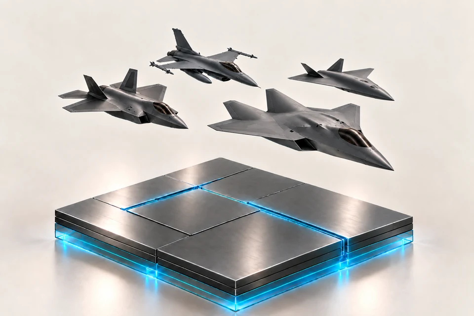 Four aircraft in a coordinated formation, with legacy fighters trailing a sixth-generation crewed concept and collaborative combat aircraft on the right, above a shared metallic base.