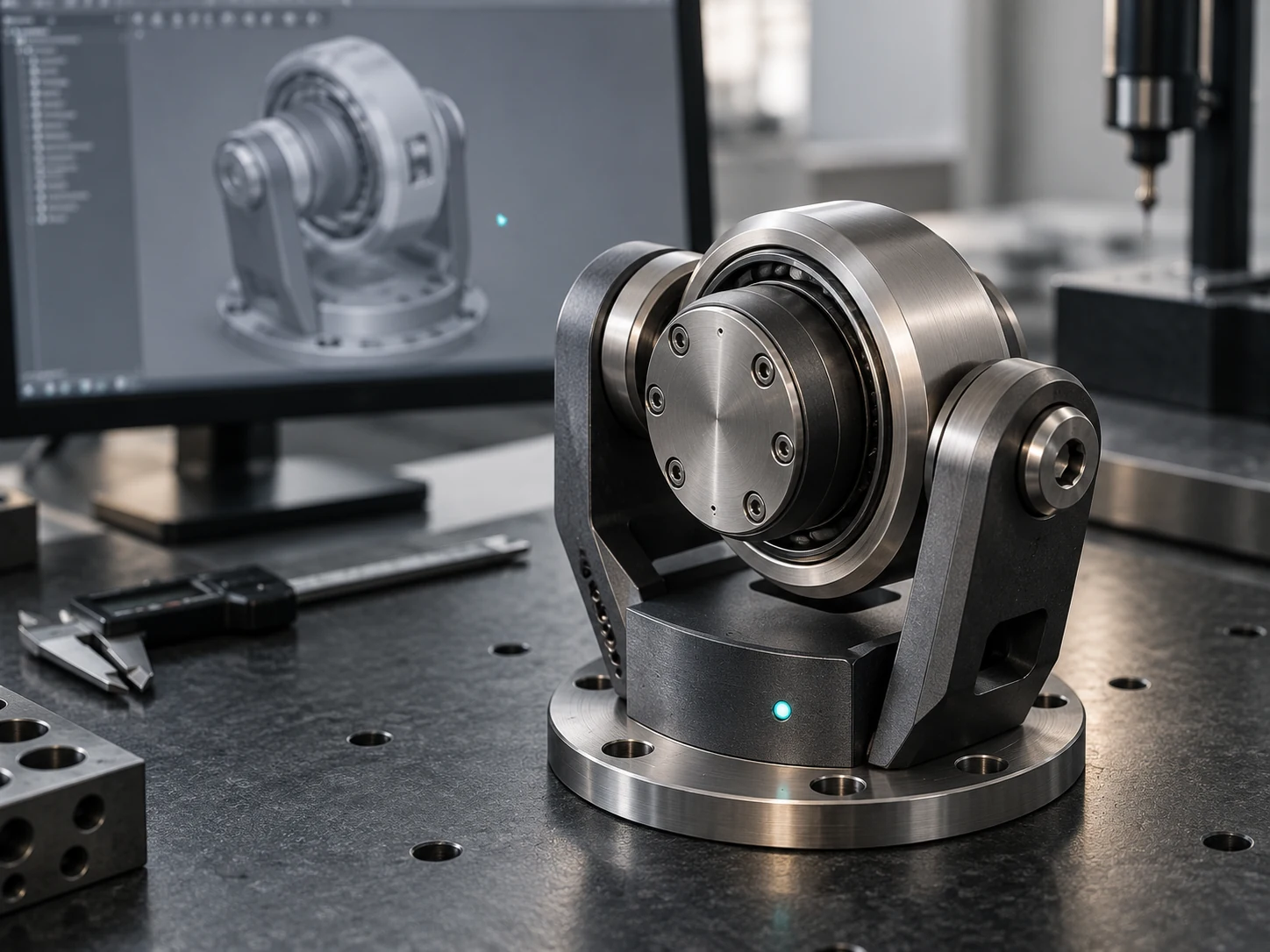 Precision gimbal beside its digital engineering model