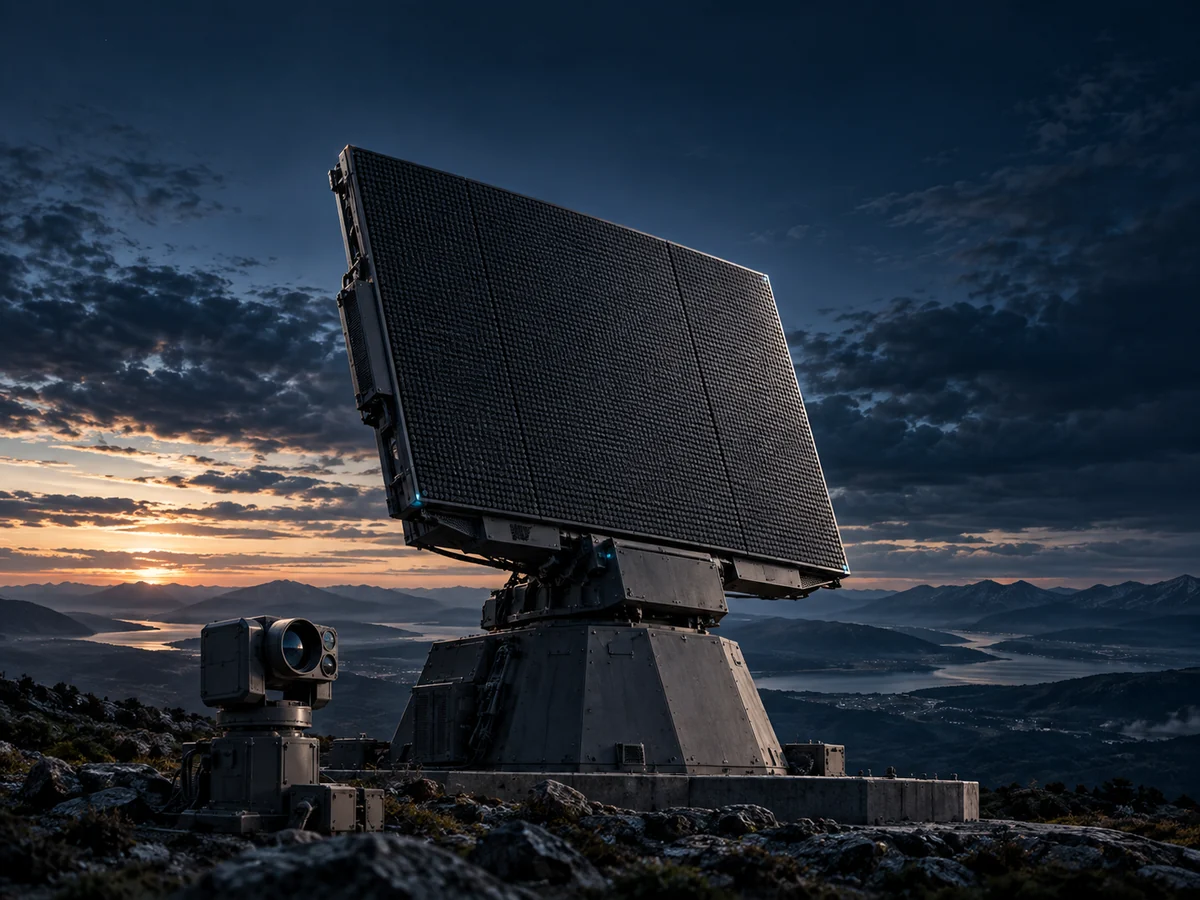 Large radar array and an optical sensor on a mountain ridge at dusk