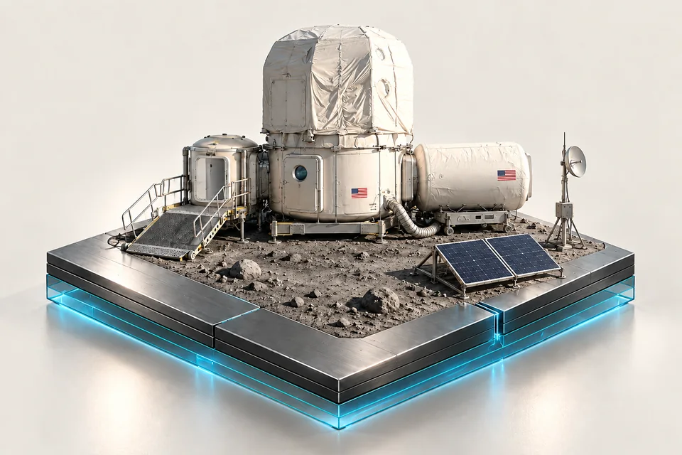 NASA Habitat Demonstration Unit prototype illustrated on a lunar-surface inset in a metallic base.