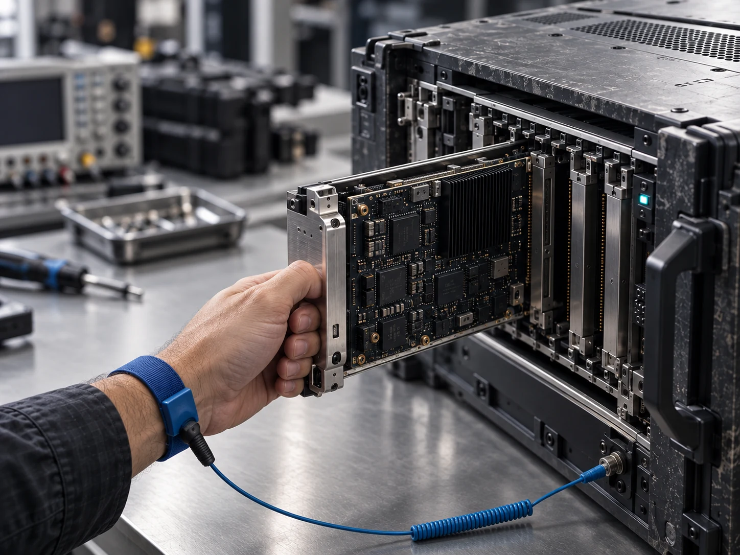 One hand extracts a supported electronics cassette from rugged test equipment