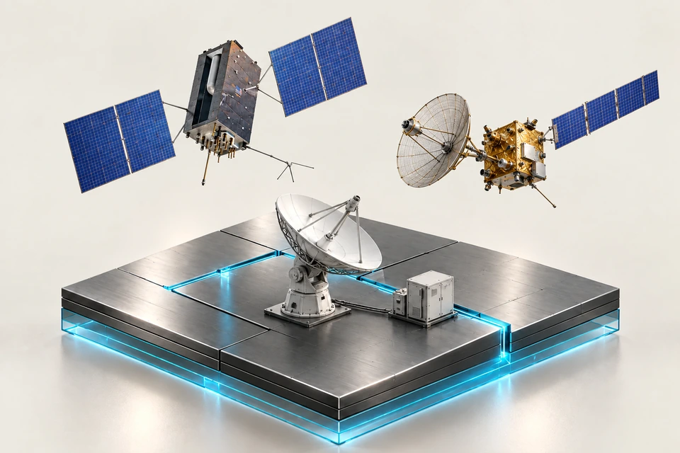 Two visibly different spacecraft architectures above a shared ground communications dish and metallic base.