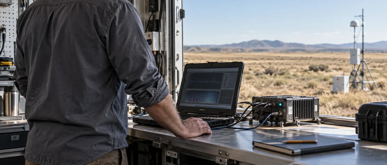 Field testing scene with an engineer at a rugged laptop and signal instrument inside a vehicle bay, overlooking an open range with a communications mast.