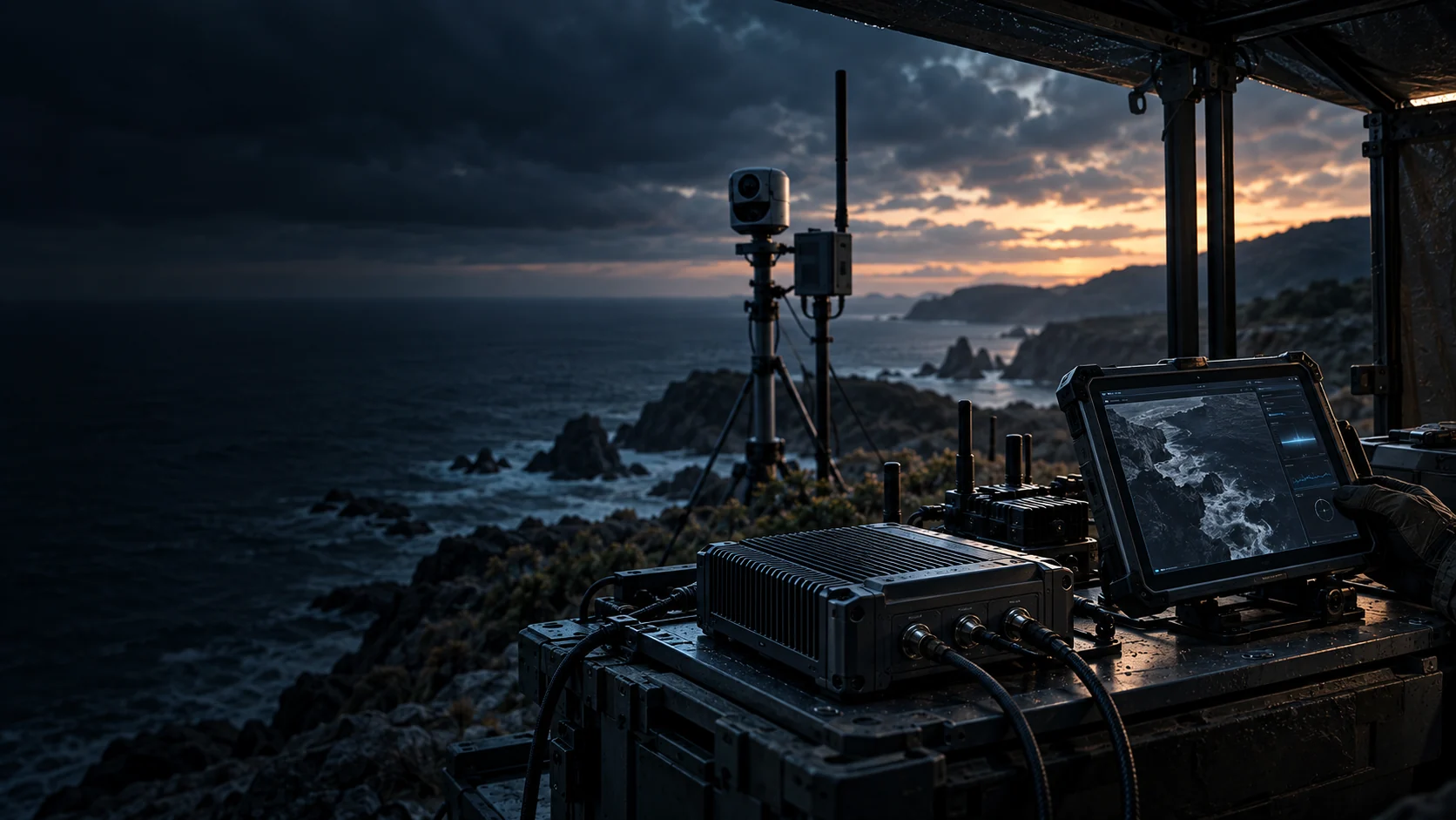 Rugged computing unit, tablet and mast-mounted sensor under a field shelter on a coastal cliff at dusk