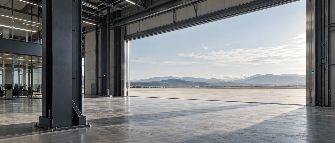 Engineering facility hangar with an open doorway overlooking a mountain airfield.