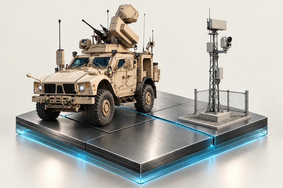 Tan mobile counter-UAS vehicle beside a fixed-site radar and optical sensor tower on a shared metallic base.
