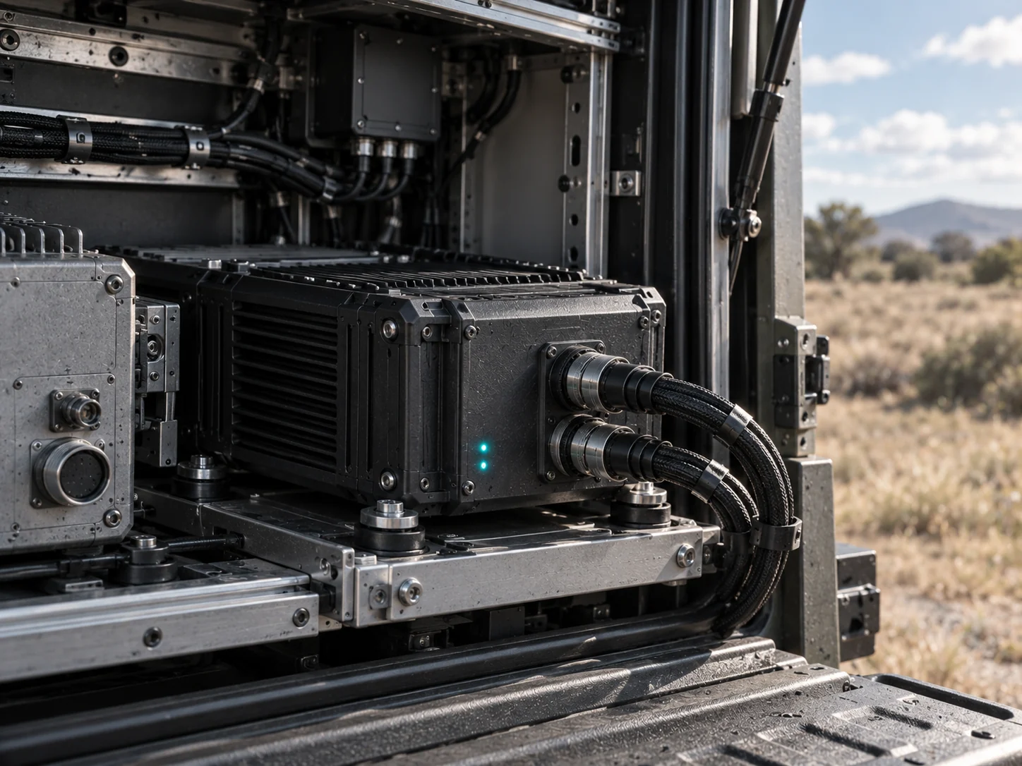 Close-up of rugged installed computing hardware and cable connections inside a vehicle equipment bay.