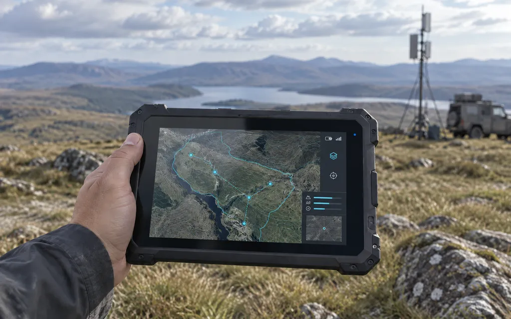 Rugged field tablet held in one hand showing a cyan terrain and data overlay, with a communications mast and field vehicle on the ridge behind